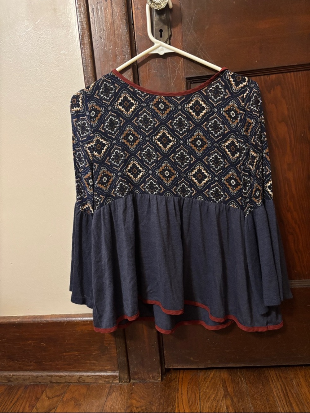 Navy Boho Peplum Top with Geo Print